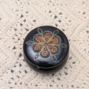 Vintage Folk Art Hand Painted and Carved Wooden Trinket Box Black Floral Mandala